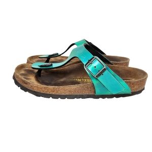 Birkenstock Gizeh Suede Cork Thong Sandal Toe Metallic Turquoise Size 6 EU 37